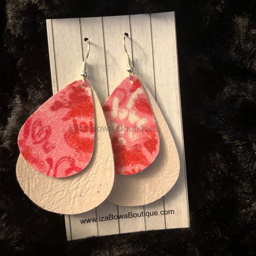 I Love you hearts & Ivory Double Layer Faux Leather Earring ER2632  Handmade NWT